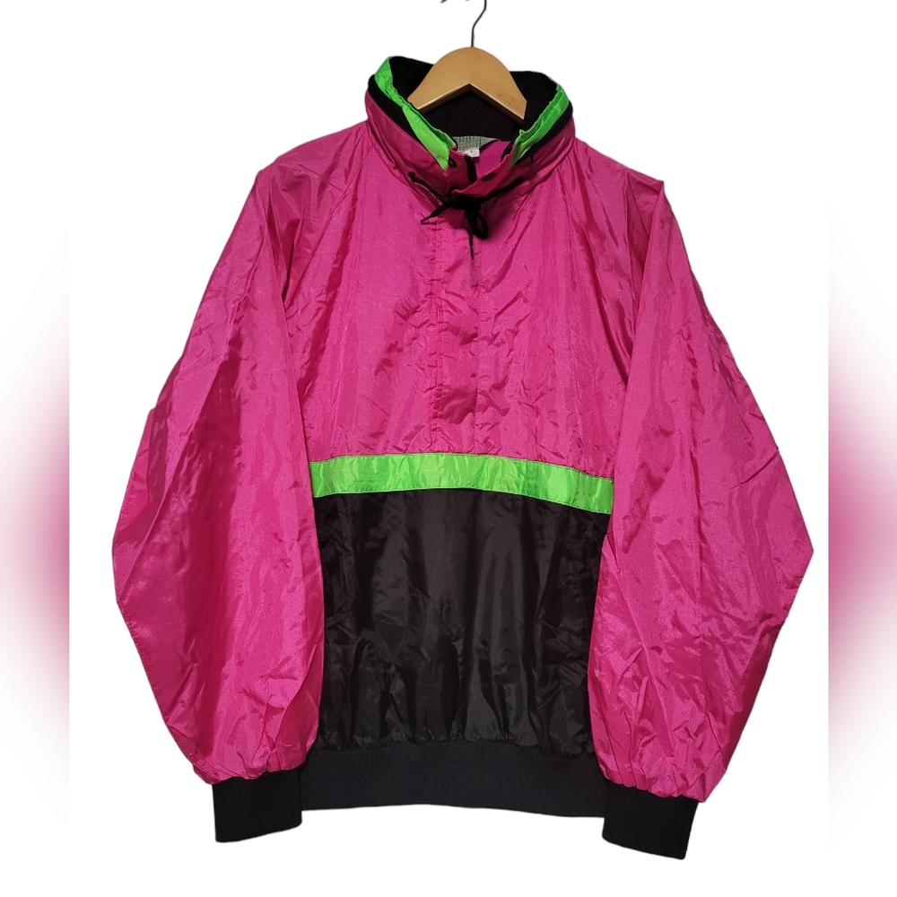 Vintage 1990s Women's Colorblock, Windbreaker Neon Pink Black Size Large.